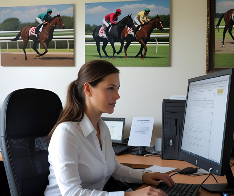 Equine business office and a lady working at the computer