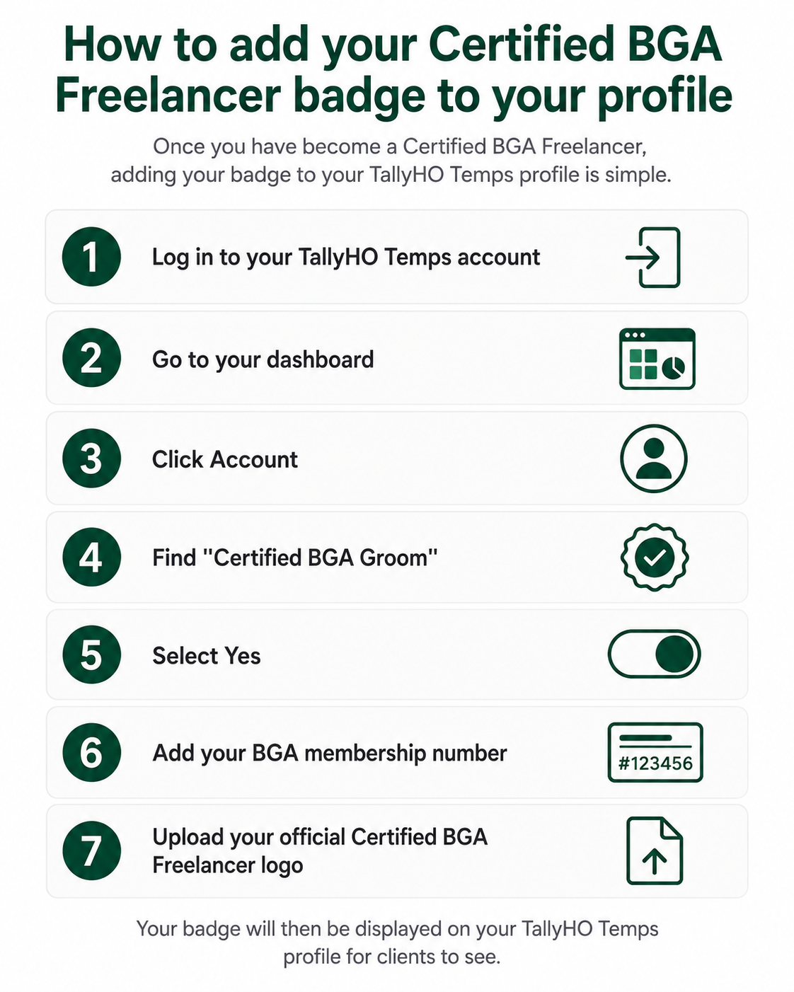 How To add your BGA Certified Freelancer badge to your TallyHO temps profile infographic
