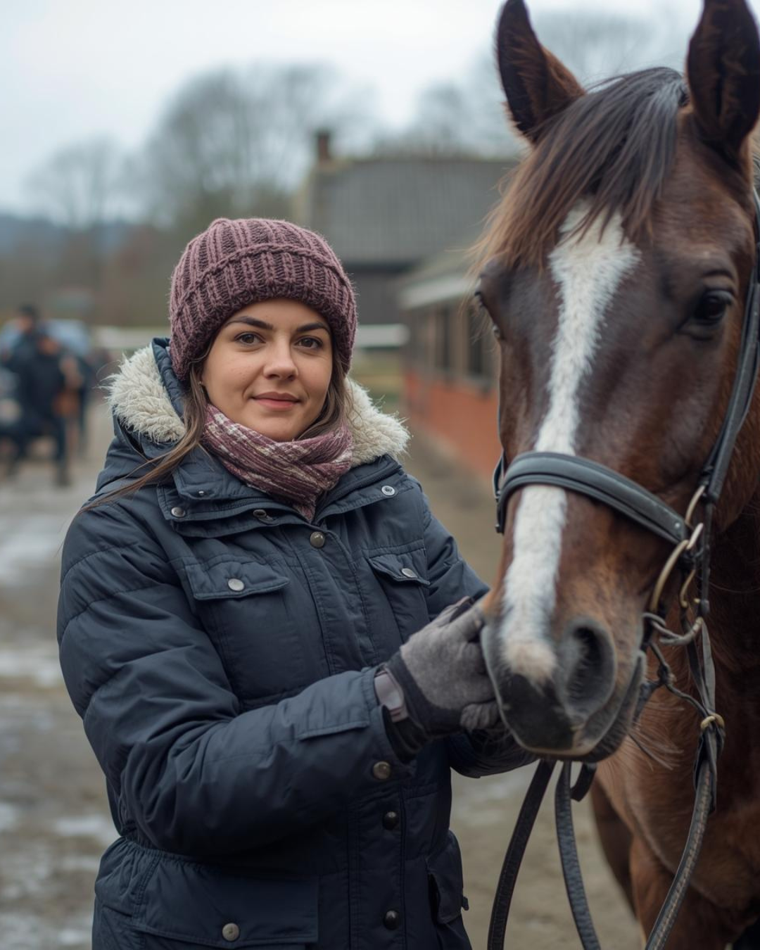 A lady grooming her horse
