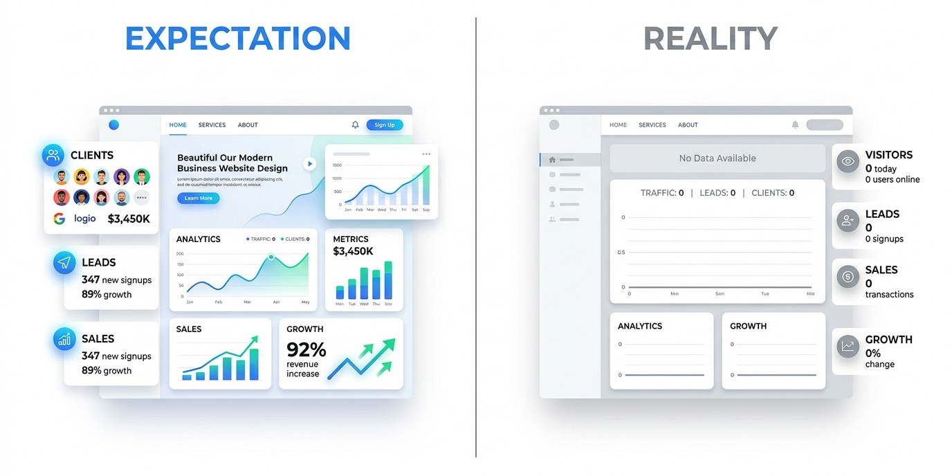 Imagen de expectativa vs realidad de los resultados de un sitio web