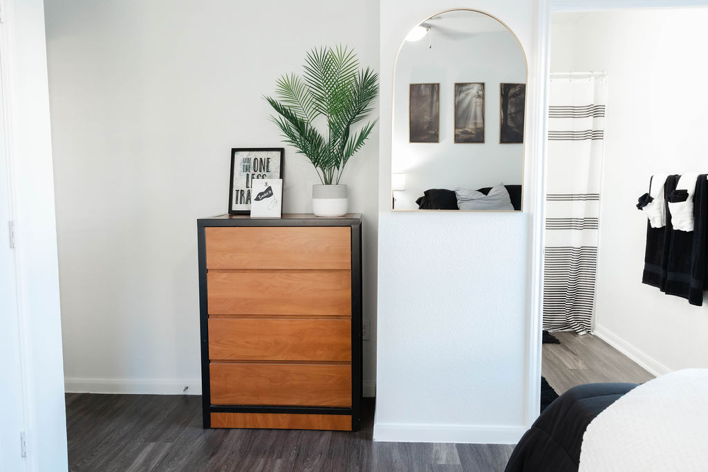 Dresser and mirror in bedroom