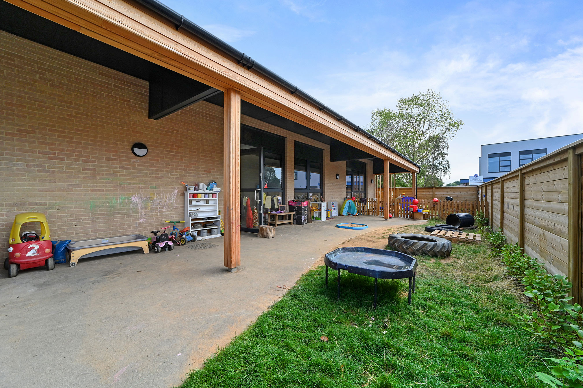 Outdoor covered play area with various children's toys, including a toy car, small tricycles, a sandpit, and a fenced playground under a wooden pergola beside a brick building.