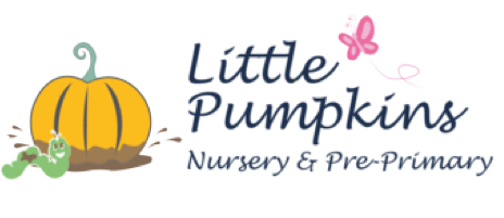 Illustration of a small orange pumpkin with a green caterpillar smiling nearby and a pink butterfly flying above.