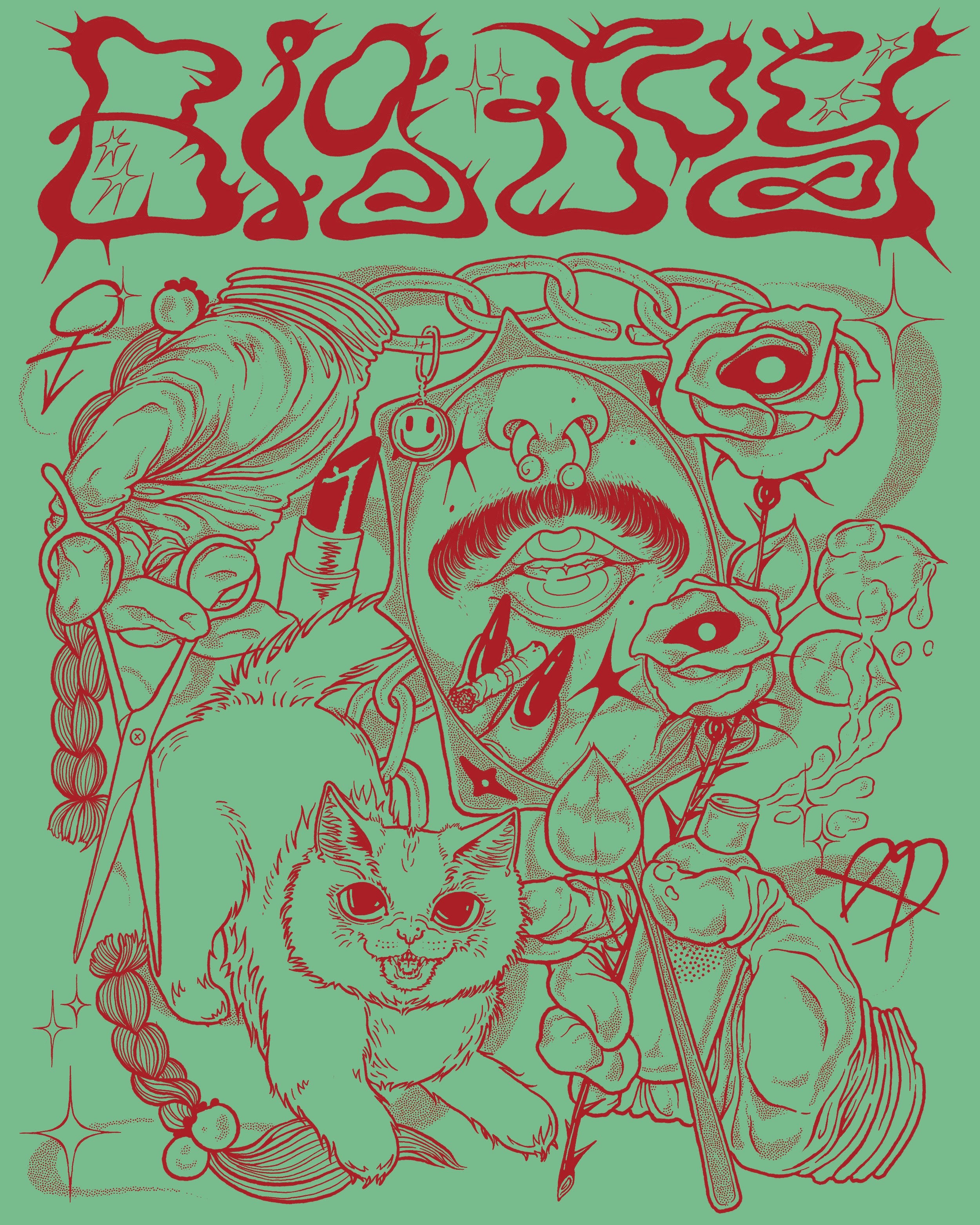 ‎a digital graphic of the reflection of a person with a moustache and large septum smoking a cigarette with long acrylic nails in a mirror their holding surrounded by roses with eyes, gloved hair dresser hands cutting a braid, a kitten screaming, broken chains, symbols of anarchy and transness, exploding hair product and a smiley key chain on a sage green background with red linework