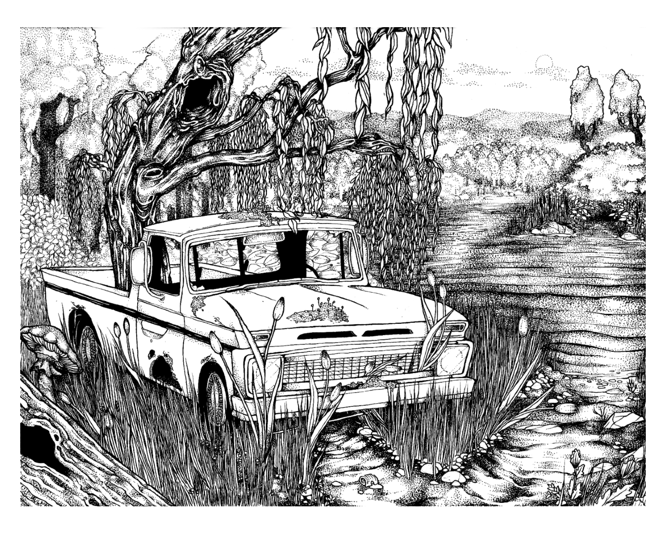 ‎a high detail line drawing of an old truck with a massive willow tree growing out of its pick up by a lake surrounded by foliage in black linework on a white page