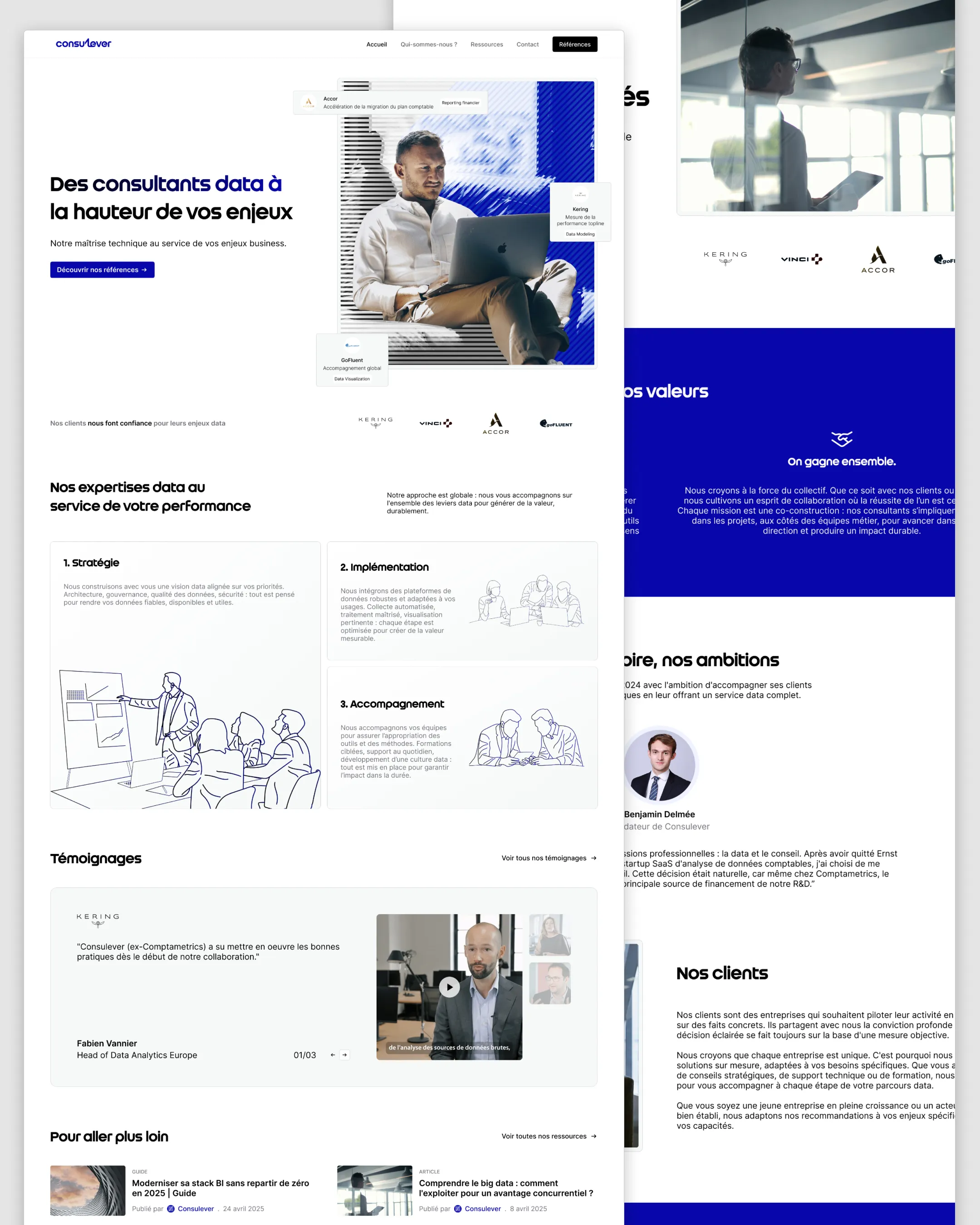 Site vitrine Consulever conçu par Noqode, cabinet de conseil data avec CMS sur mesure et mise en valeur des clients grands comptes.