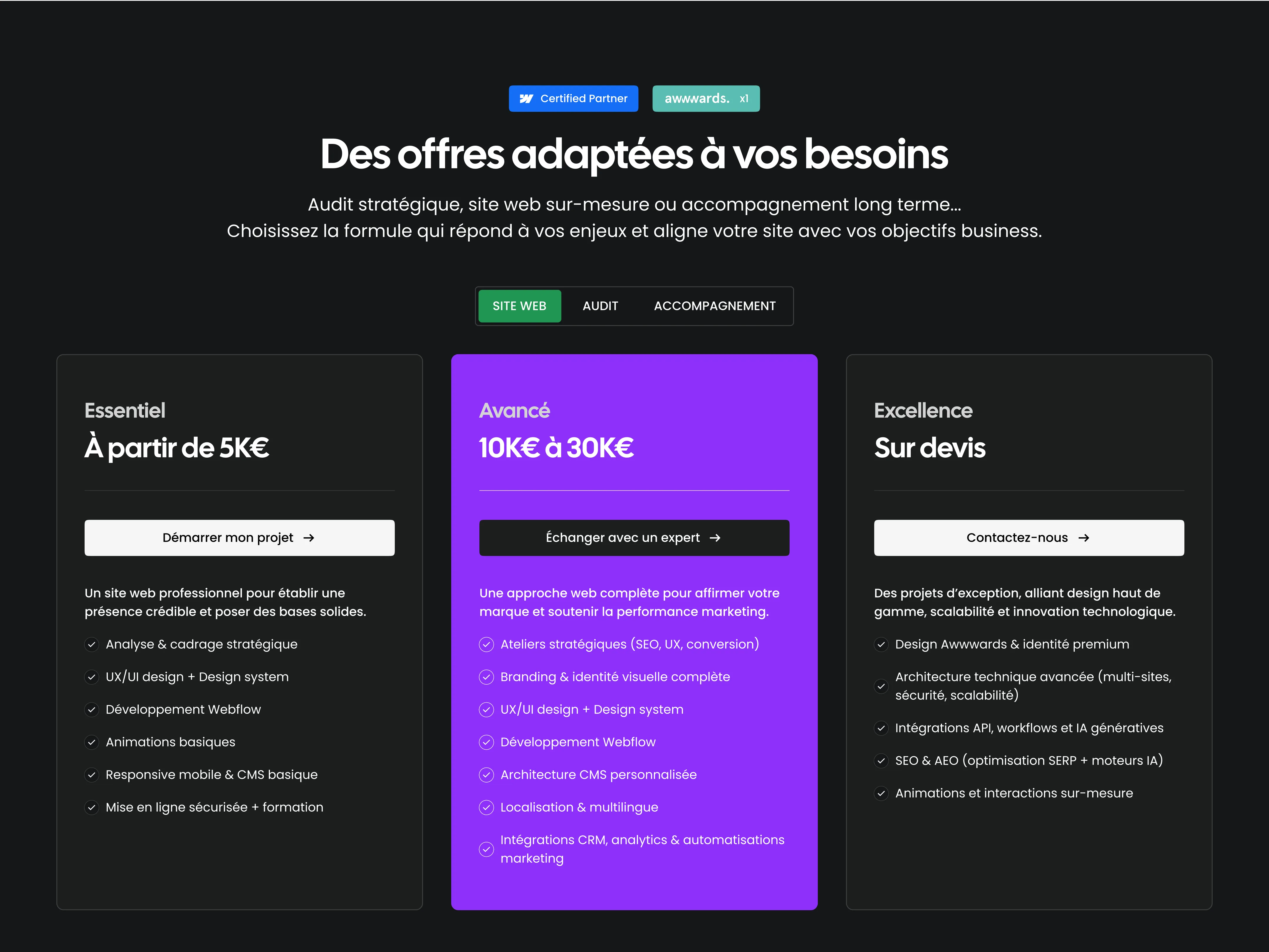 Offres Noqode pour la création de sites Webflow : Essentiel dès 5K€, Avancé 10–30K€, Excellence sur devis.