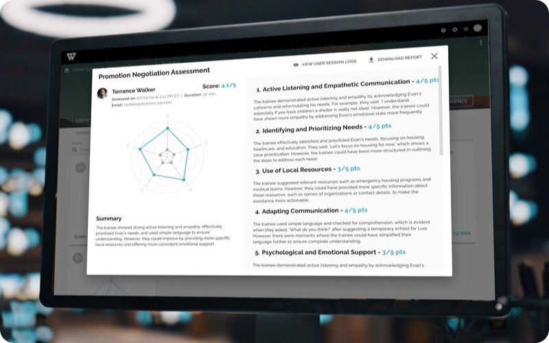 Computer monitor displaying a Promotion Negotiation Assessment report with scores and a radar chart for communication skills.