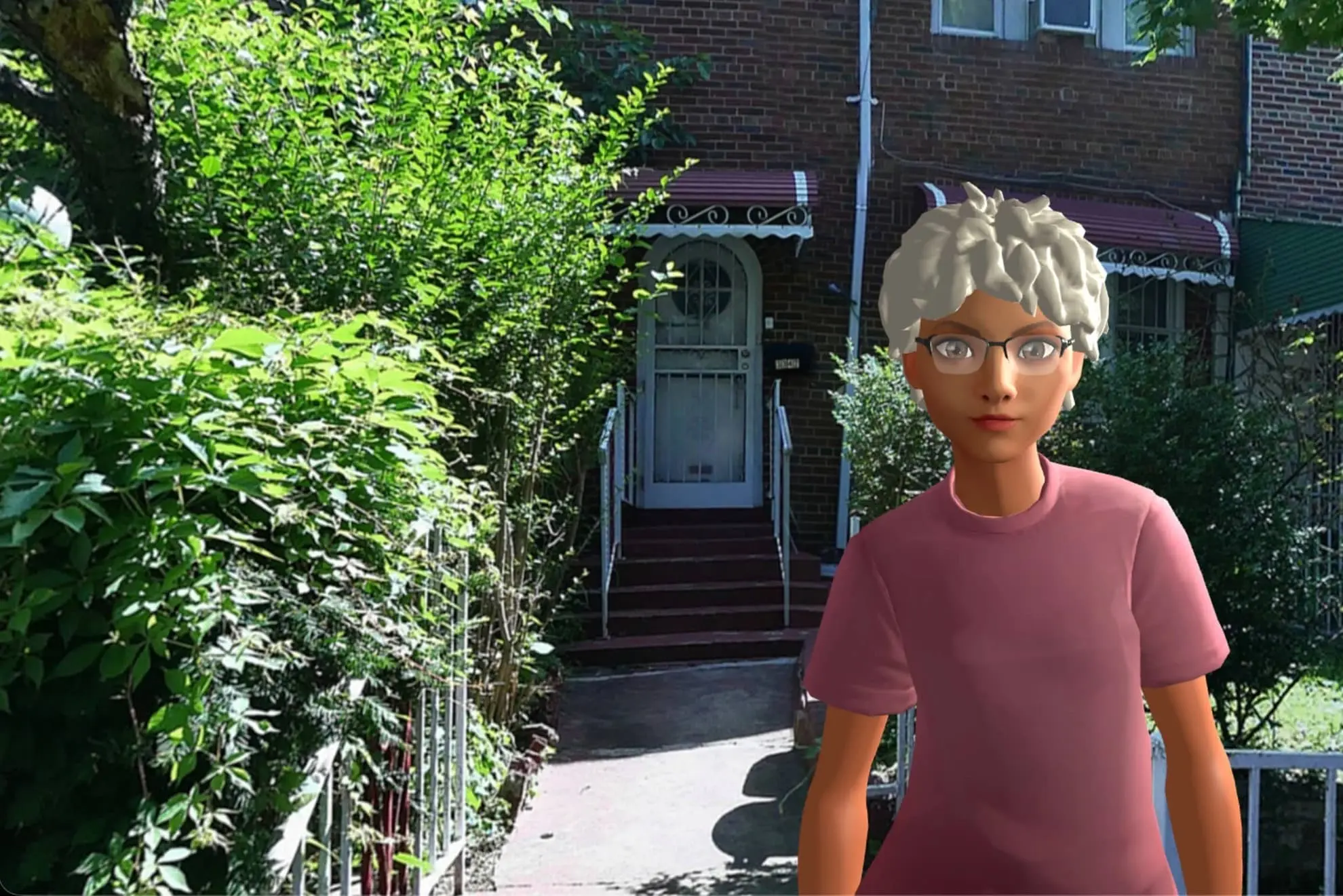 3D animated character with white hair, glasses, and a pink shirt standing in front of a brick house entrance surrounded by green bushes.