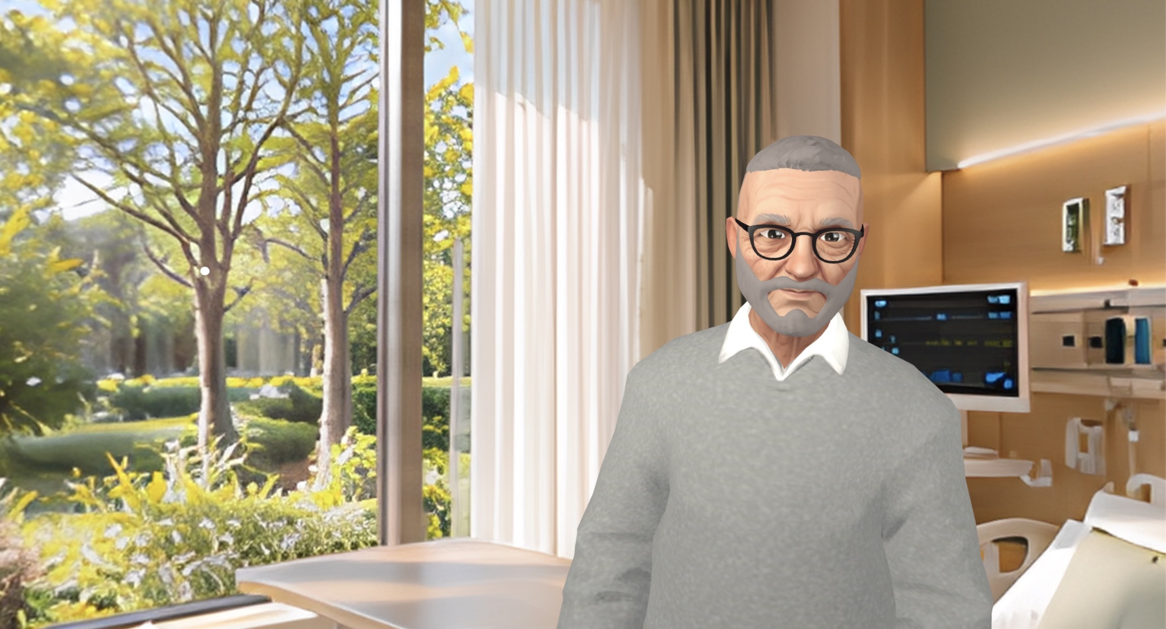 3D animated character with white hair, glasses, and a pink shirt standing in front of a brick house entrance surrounded by green bushes.