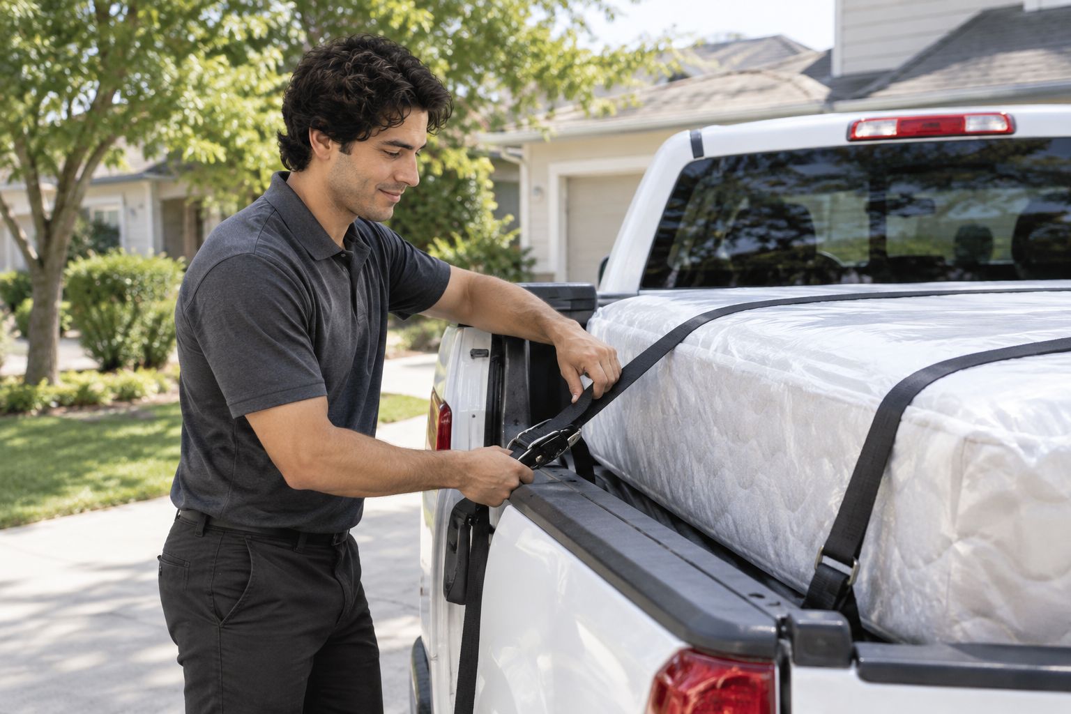 Rep loading a mattress into a pickup truck for resale