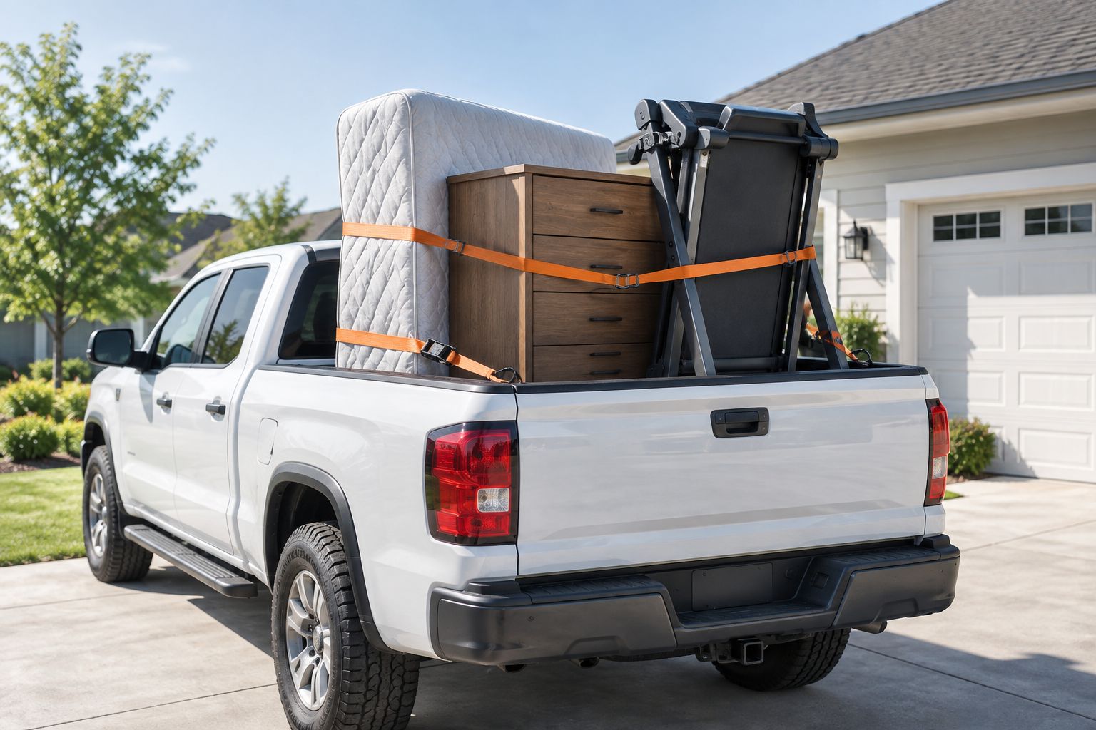 Pickup truck loaded with furniture, a mattress, and fitness equipment for resale