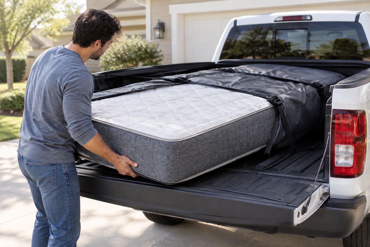 Protected mattress being loaded into a clean pickup truck bed