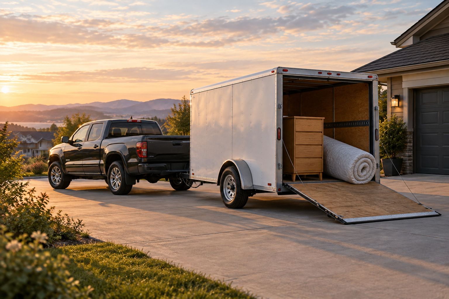 Pickup truck hitched to a utility trailer loaded with furniture