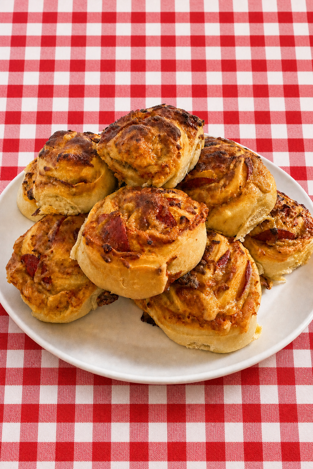 A centered plate of golden sourdough pepperoni rolls on a continuous red-and-white gingham tablecloth