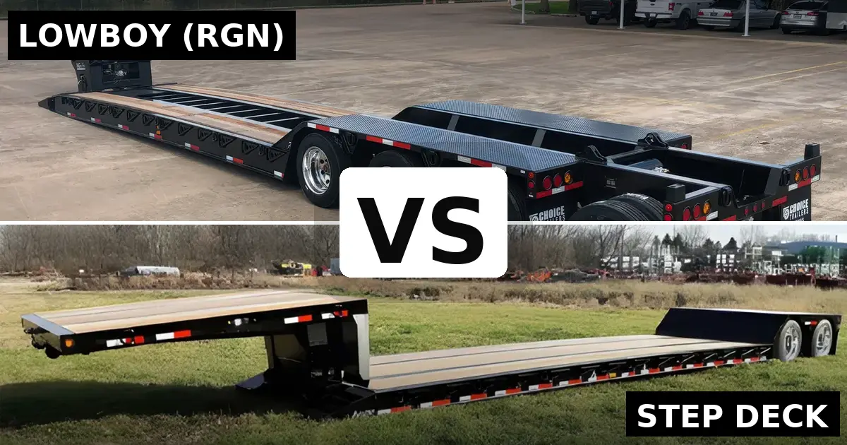 Comparison of lowboy and step deck trailers showing their different designs and capabilities for transporting tall and heavy equipment