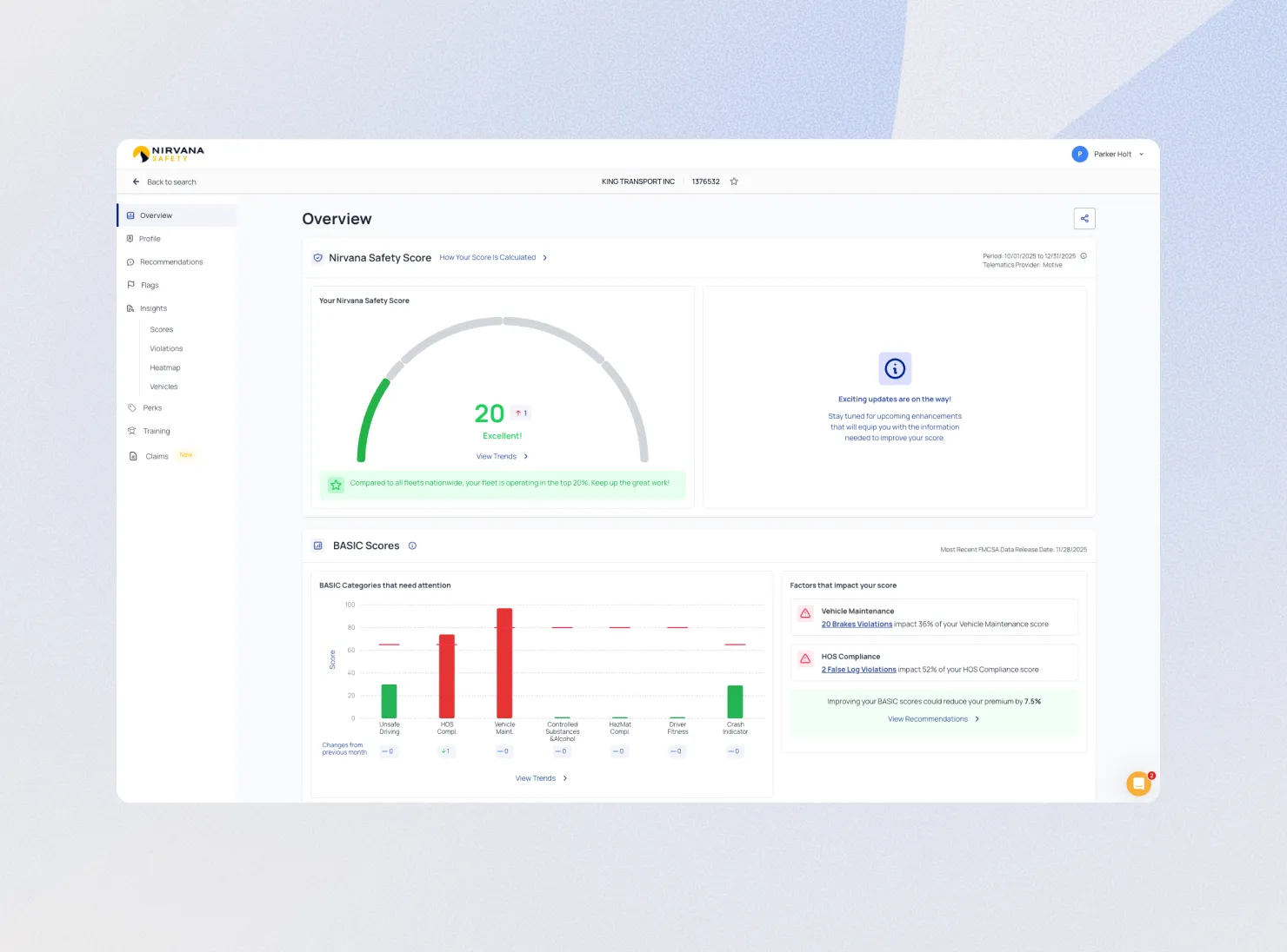 Dashboard showing Nirvana Safety Score of 20 labeled Excellent with a gauge, bar chart of BASIC categories needing attention, and factors impacting score including vehicle maintenance and HOS compliance.