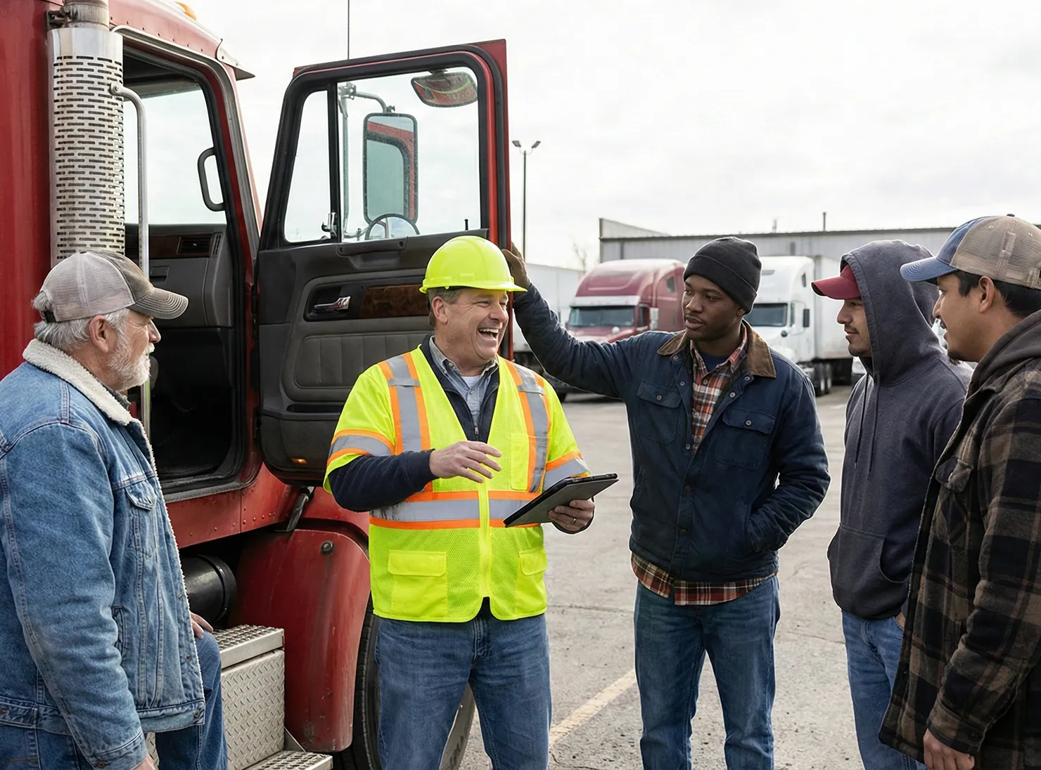 Four truck drivers talking and smiling by a red semi-truck, one wearing a yellow safety vest and hard hat while holding a tablet.