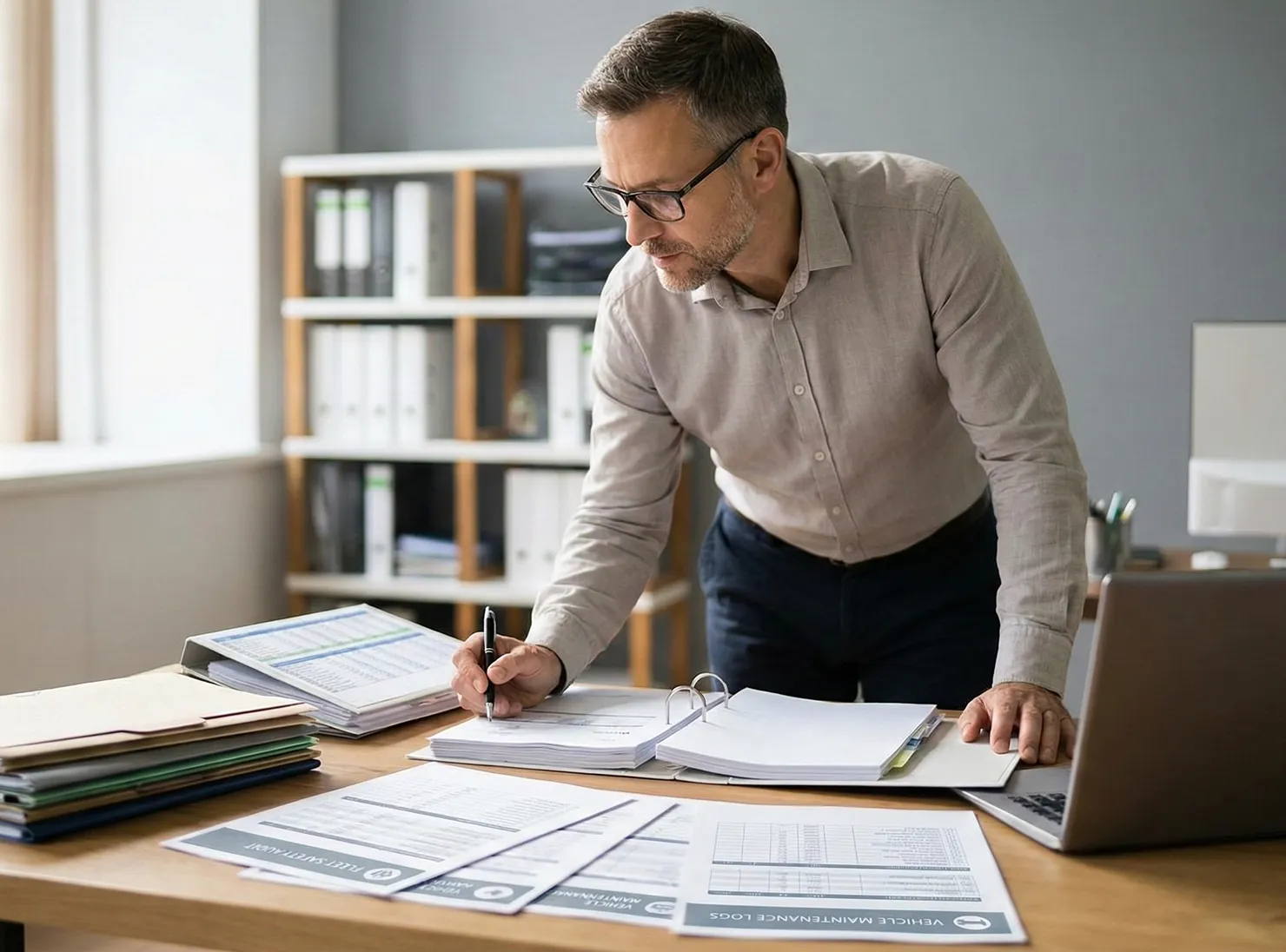 Man in glasses reviewing and marking documents on a desk with a laptop and files in an office.