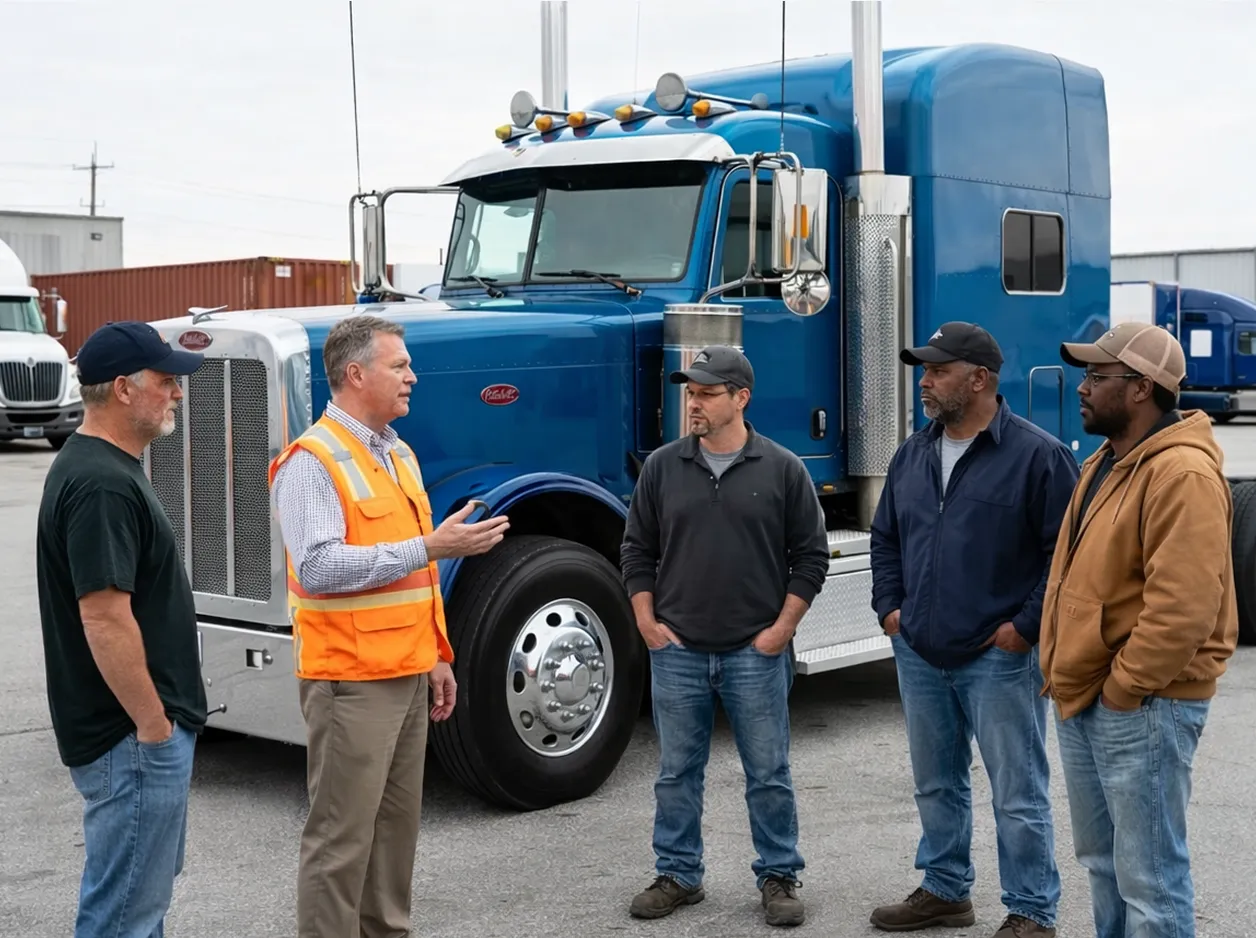 A man in an orange safety vest talks to four men standing near a blue semi-truck in a parking lot.