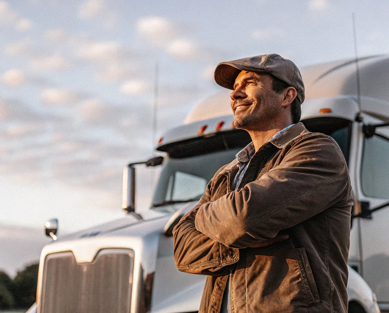Smiling truck driver with arms crossed in front of his semi truck