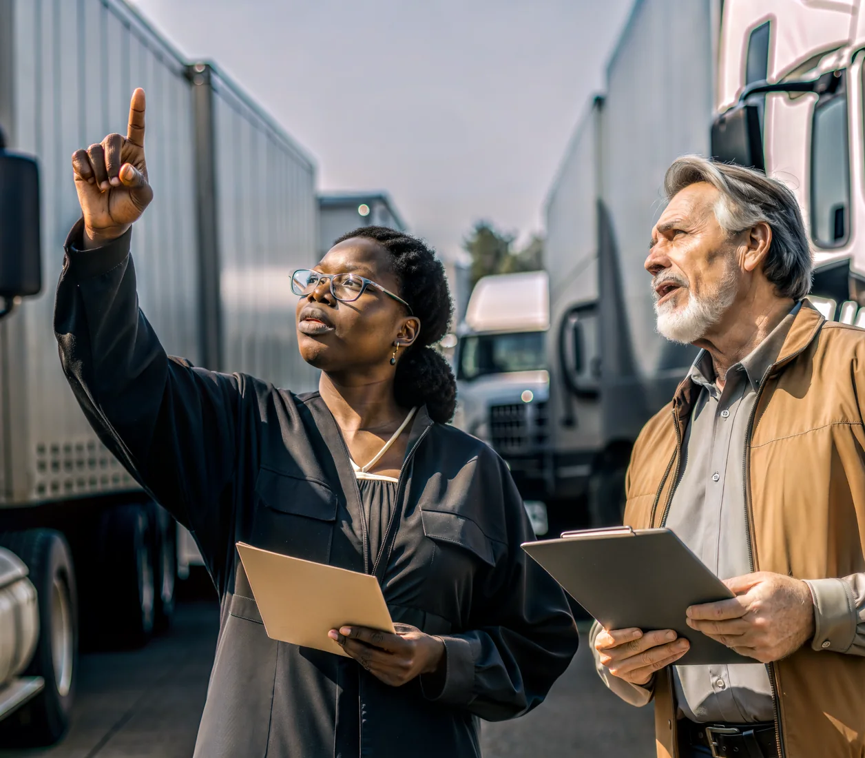 Claims specialist and fleet manager reviewing a claim next to their trucks