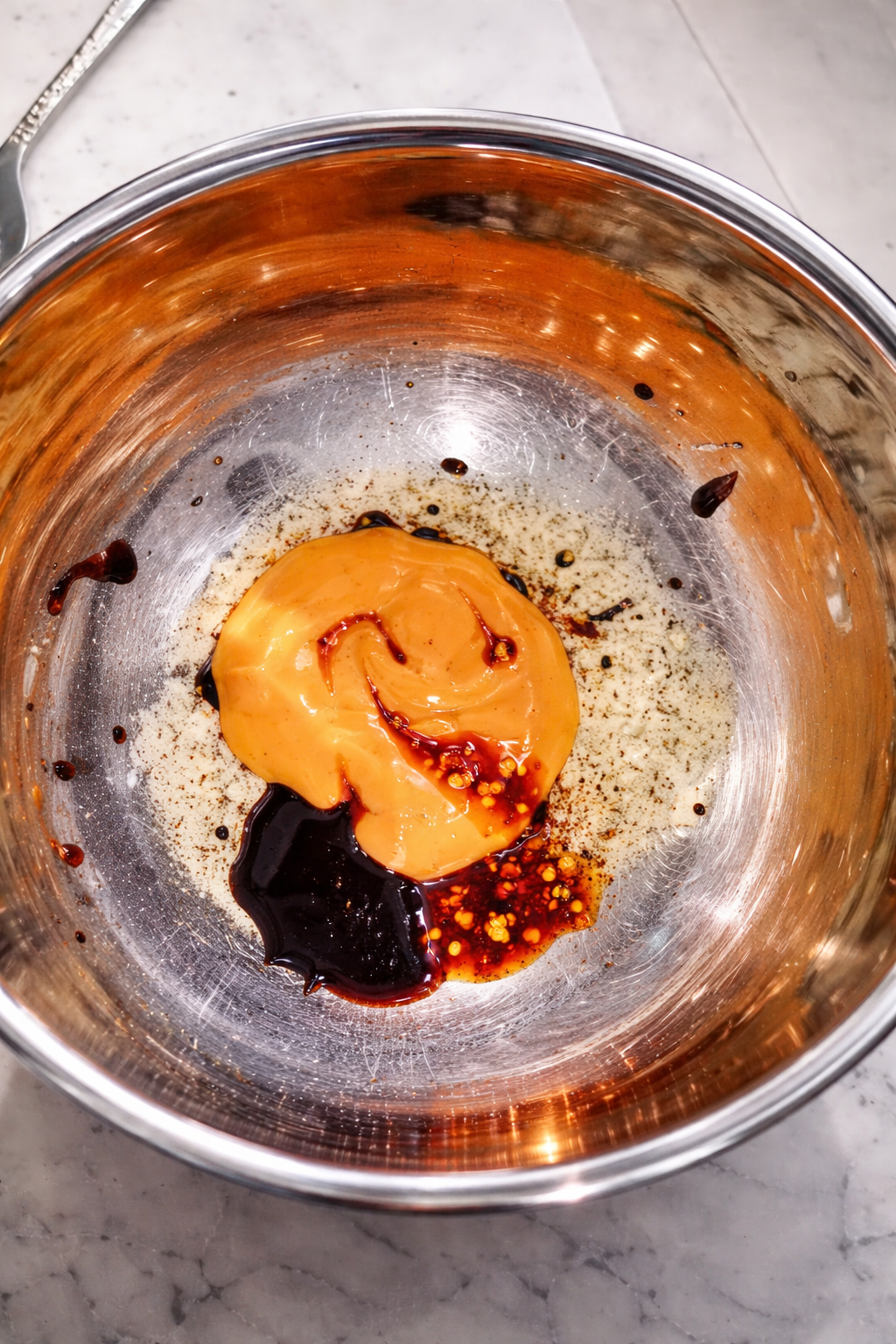 Close-up of sriracha mayo, chili oil, and spicy sauce in a stainless steel bowl for viral Buldak Carbonara ramen recipe.