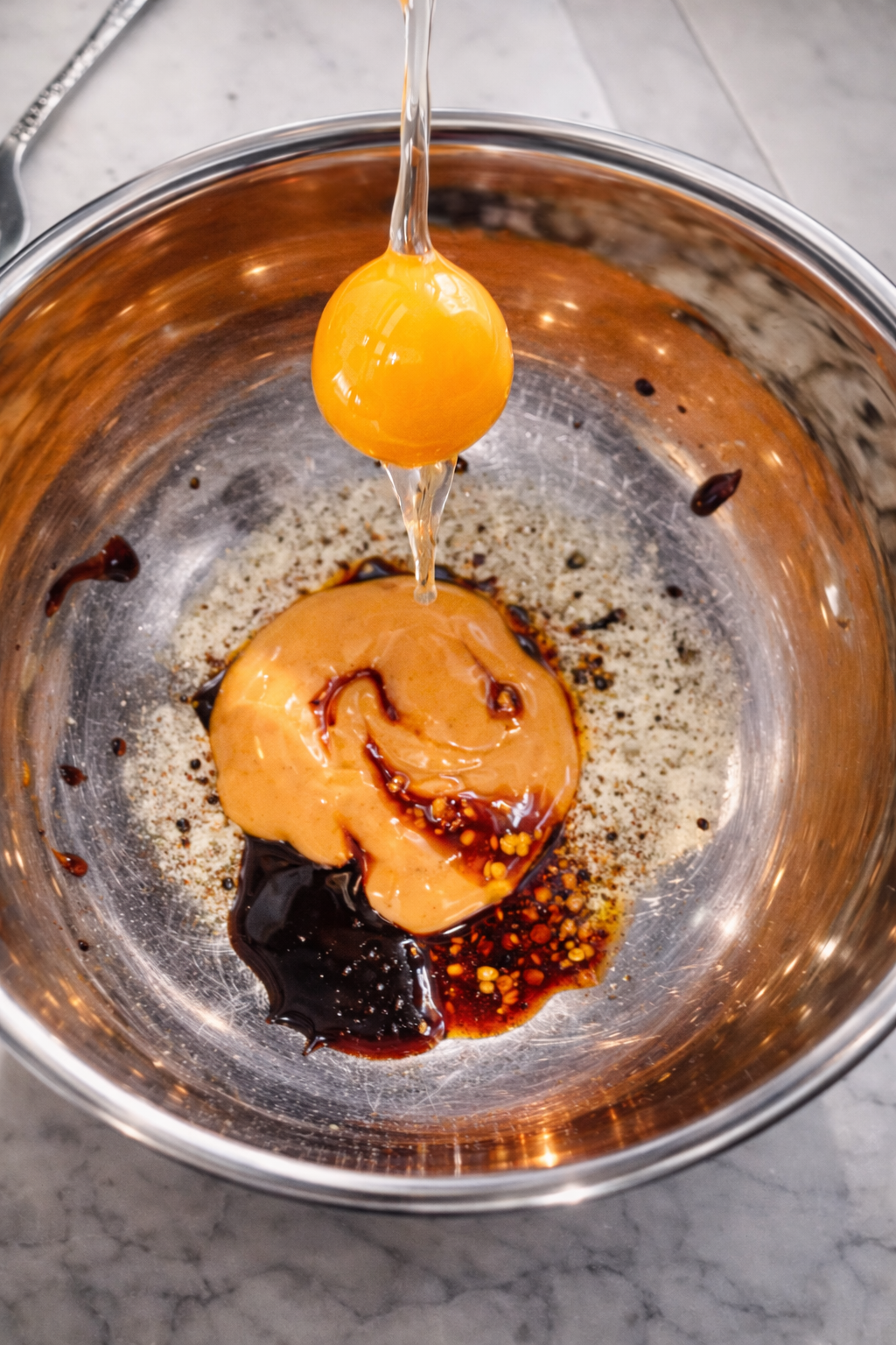 Raw egg yolk dropping into sriracha mayo and chili oil mixture in stainless steel bowl for Buldak Carbonara ramen sauce.