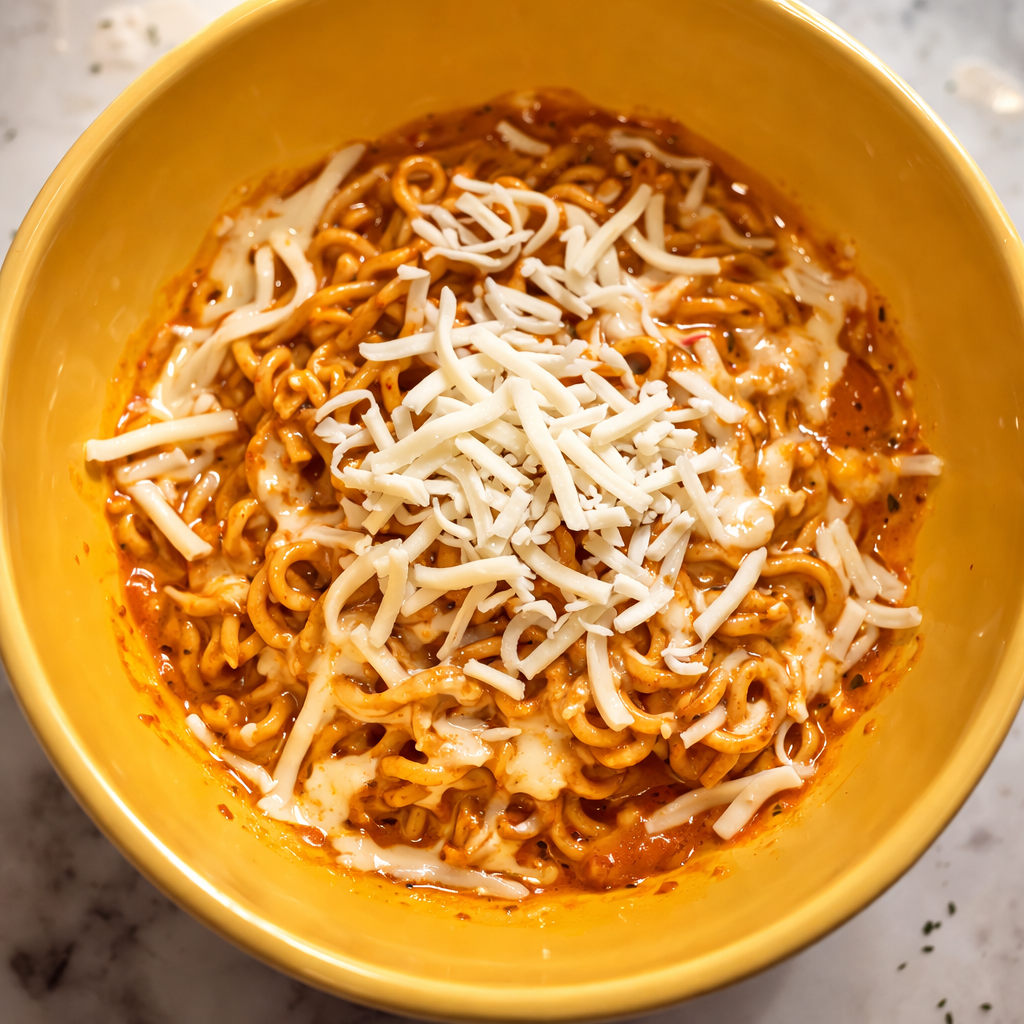 Close-up of Buldak Carbonara ramen in yellow bowl topped with melting mozzarella cheese and spicy red sauce.