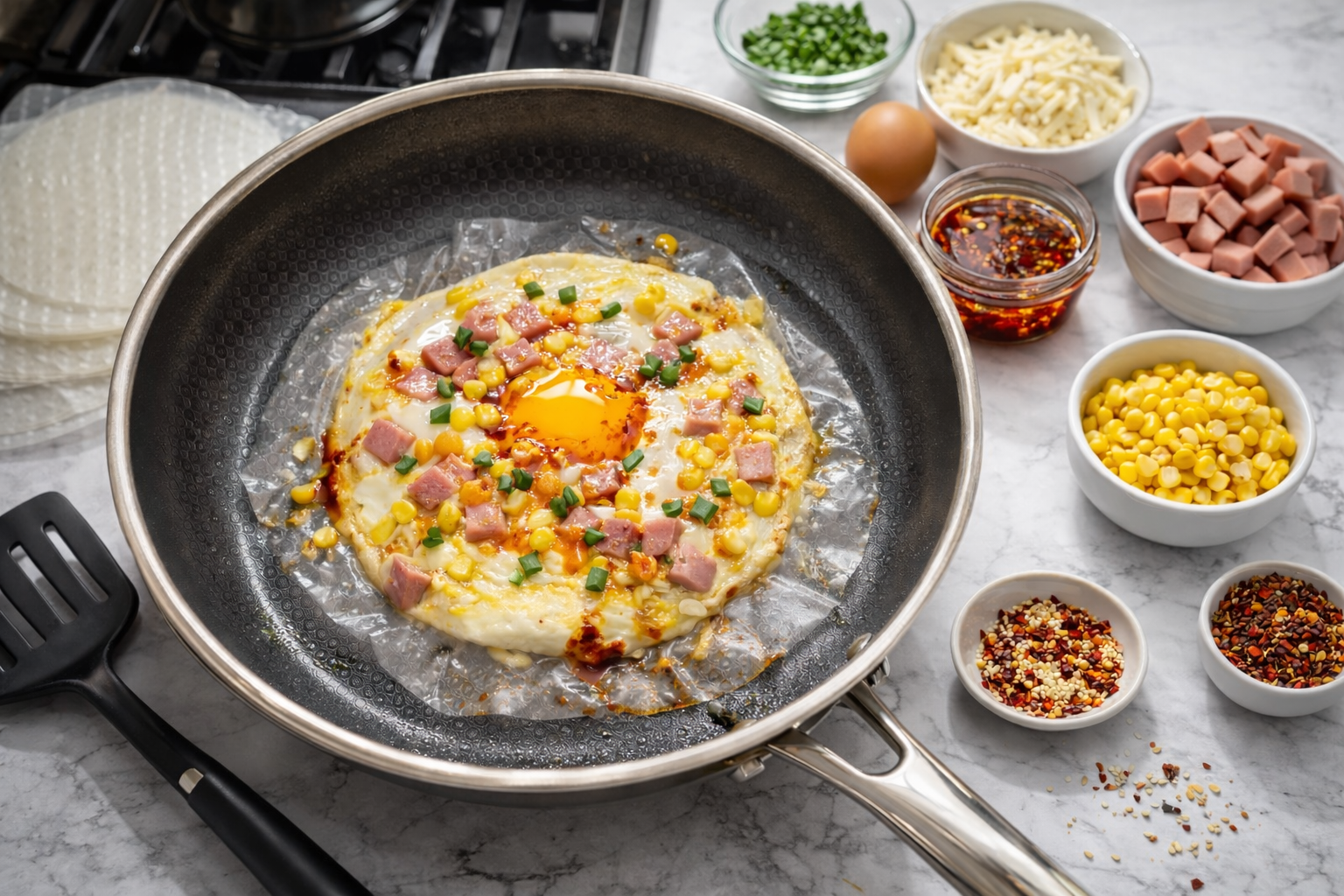 Rice paper pizza cooking in a skillet on a white marble countertop with egg, mozzarella, hot dogs, and corn.