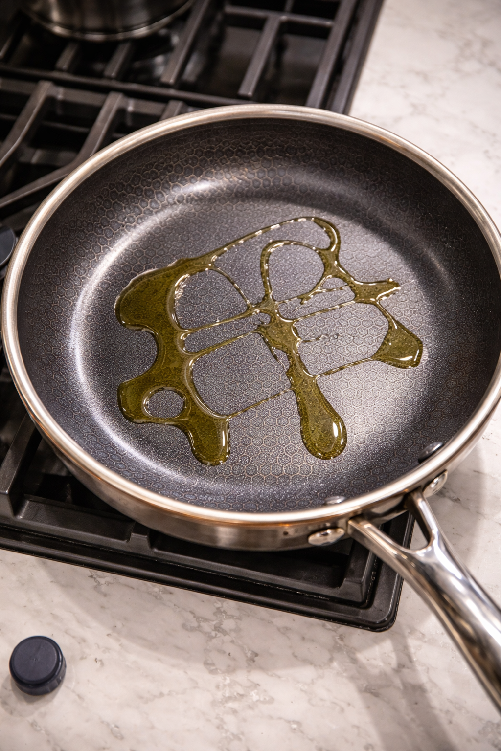 Nonstick skillet with olive oil heating on a stovetop over a white marble countertop.