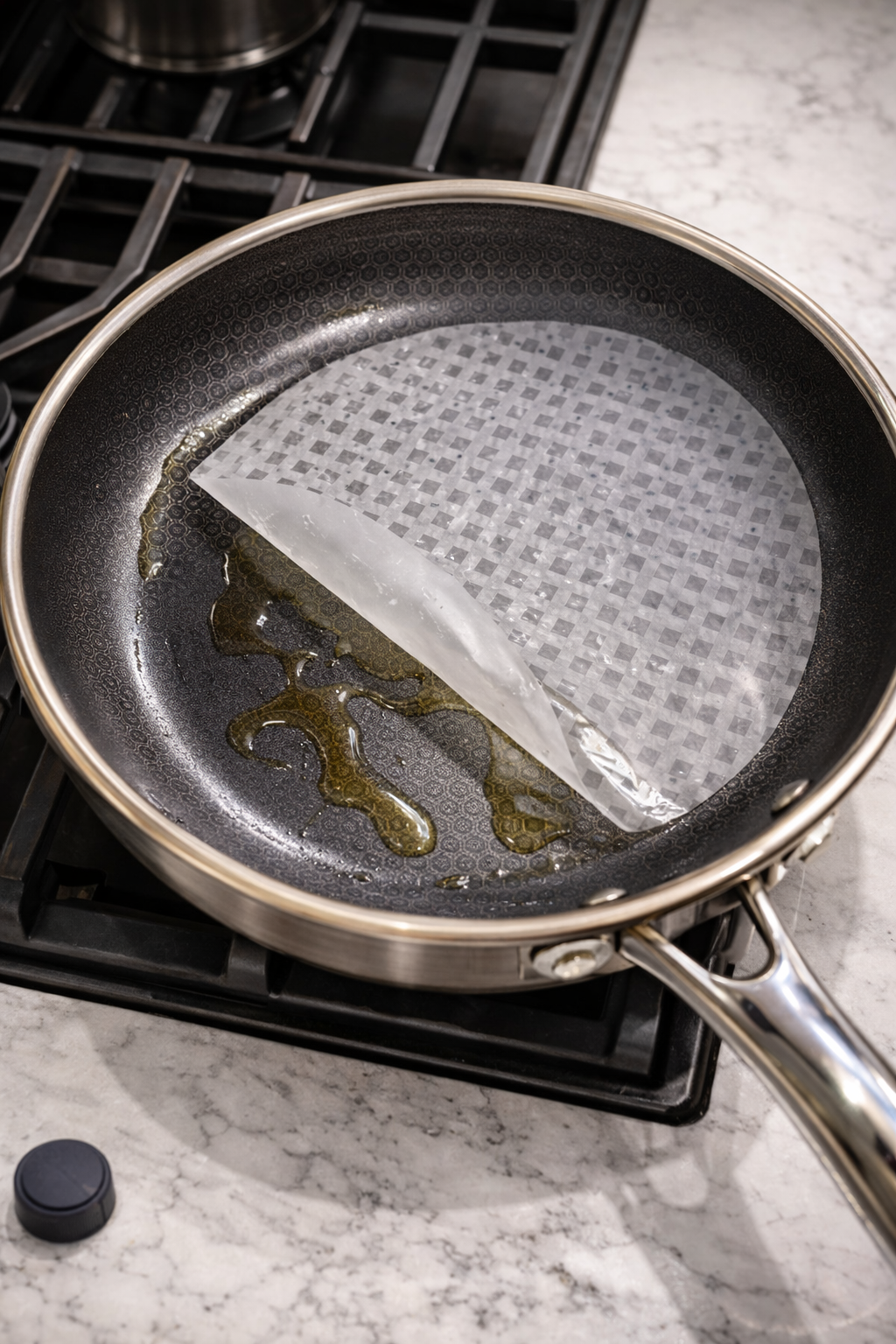 Rice paper sheet placed in a nonstick skillet with olive oil on a white marble countertop.