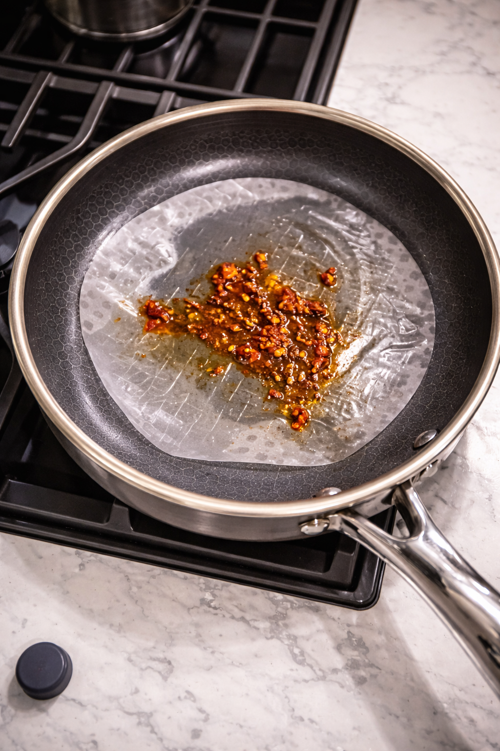 Rice paper cooking in a nonstick skillet topped with chili oil on a white marble countertop.