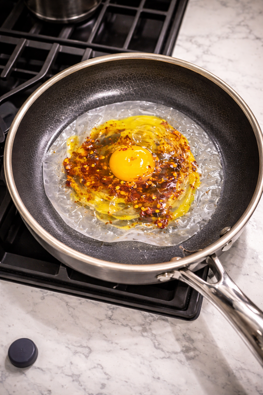 Egg cracked over rice paper with chili oil in a nonstick skillet on a white marble countertop.