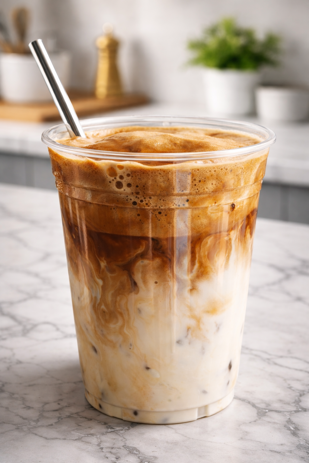 Hyper-realistic Dalgona iced coffee in a clear plastic cup on a white marble countertop, featuring creamy milk swirled with rich espresso and topped with thick whipped coffee foam in a modern kitchen setting.
