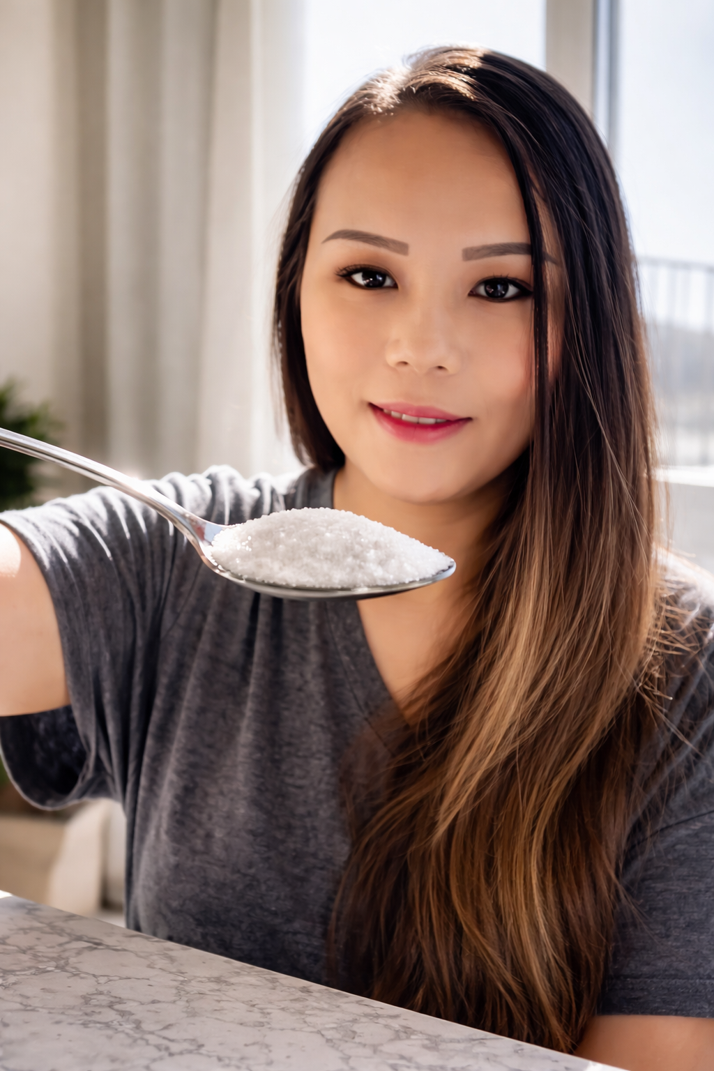 Close-up of a woman holding a spoonful of granulated white sugar toward the camera in a bright kitchen, with the sugar crystals sharply focused and clearly visible.