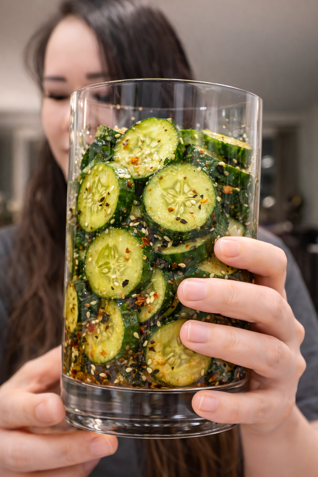 Close-up of a glass filled with marinated cucumber slices coated in glossy soy-sesame dressing, chili flakes, sesame seeds, and seaweed seasoning, held in front of a softly blurred kitchen background.