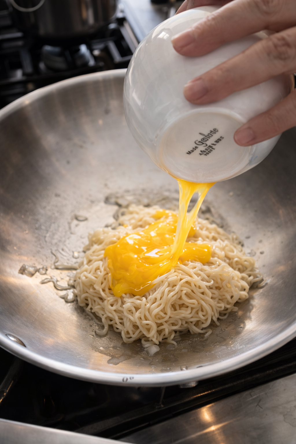Close-up of beaten egg being poured from a white bowl onto cooked ramen noodles in a stainless steel wok, with the glossy yolk cascading over the noodles on a stovetop.