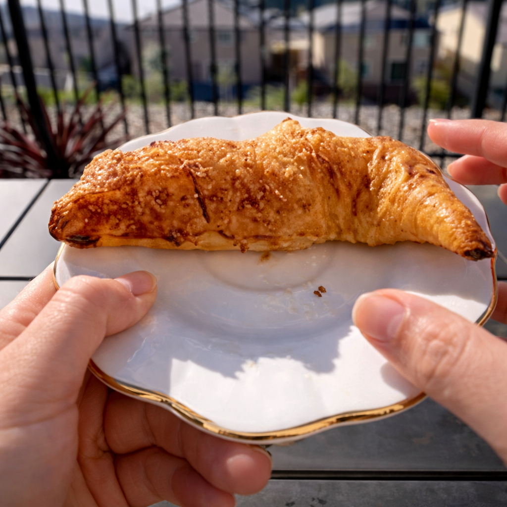Close-up of hands holding a white plate with gold trim featuring a golden, cinnamon-sugar coated croissant-shaped pastry, with a sunlit balcony and mountain view softly blurred in the background.