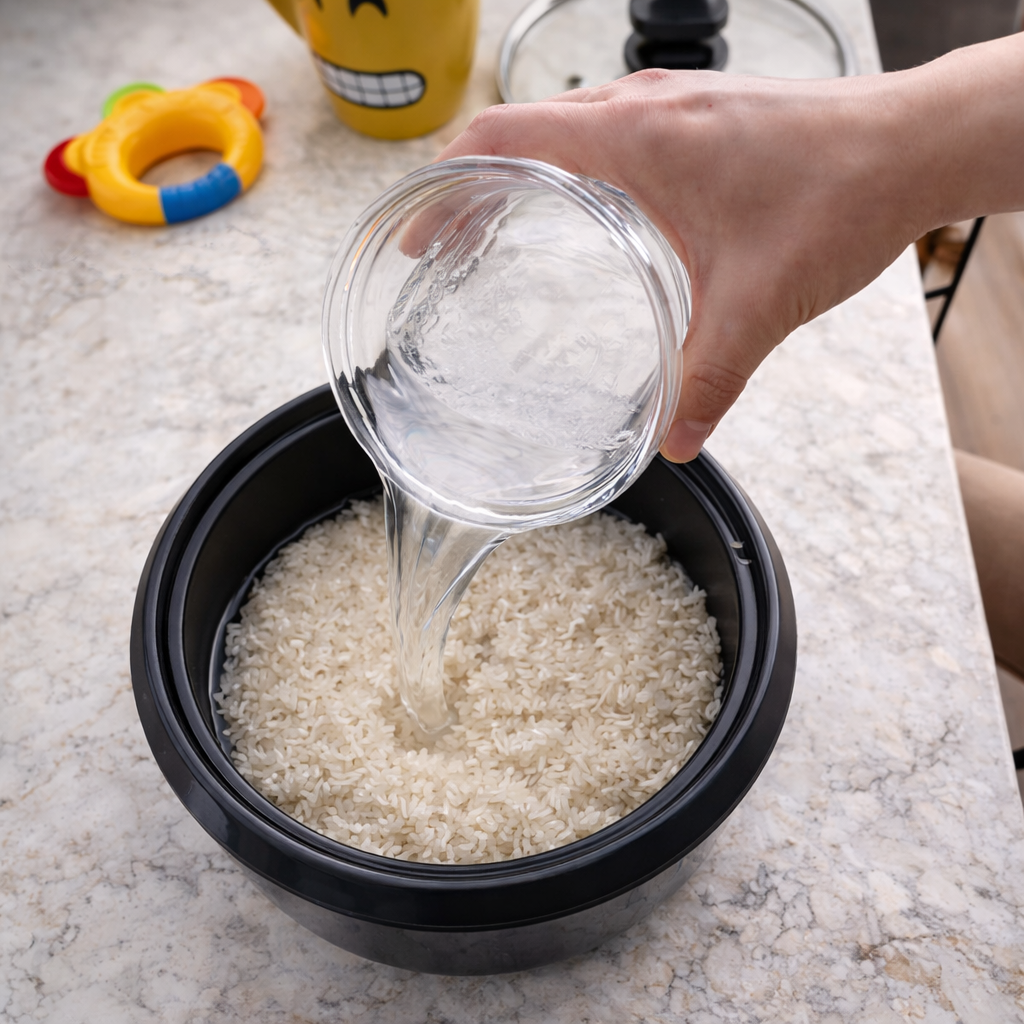 Close-up of water being poured from a clear glass into uncooked jasmine rice inside a black rice cooker pot on a marble countertop.