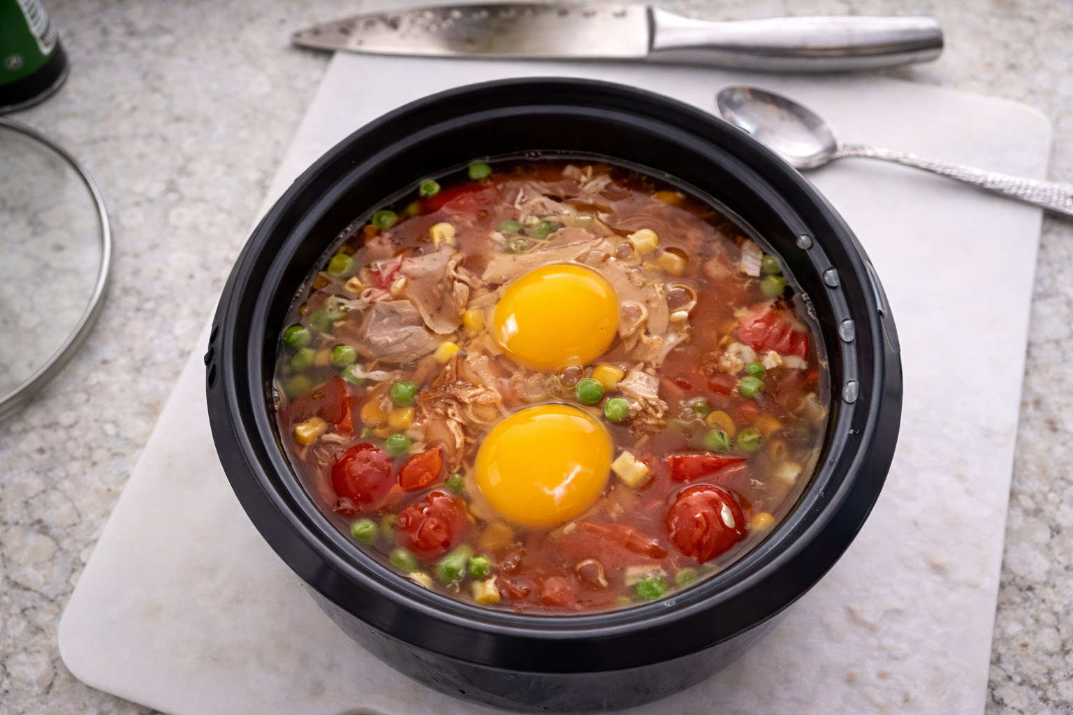 Top-down view of a rice cooker pot filled with uncooked rice, beef, cherry tomatoes, corn, peas, and two raw eggs in seasoned broth on a marble countertop.