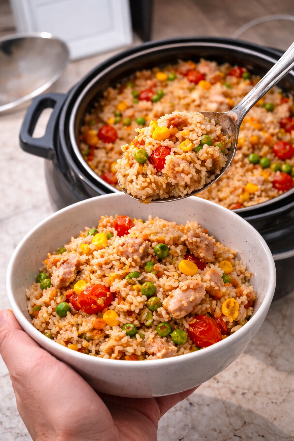Close-up of a spoon scooping fluffy fried rice with chicken, peas, corn, and cherry tomatoes from a rice cooker into a white bowl on a marble countertop.