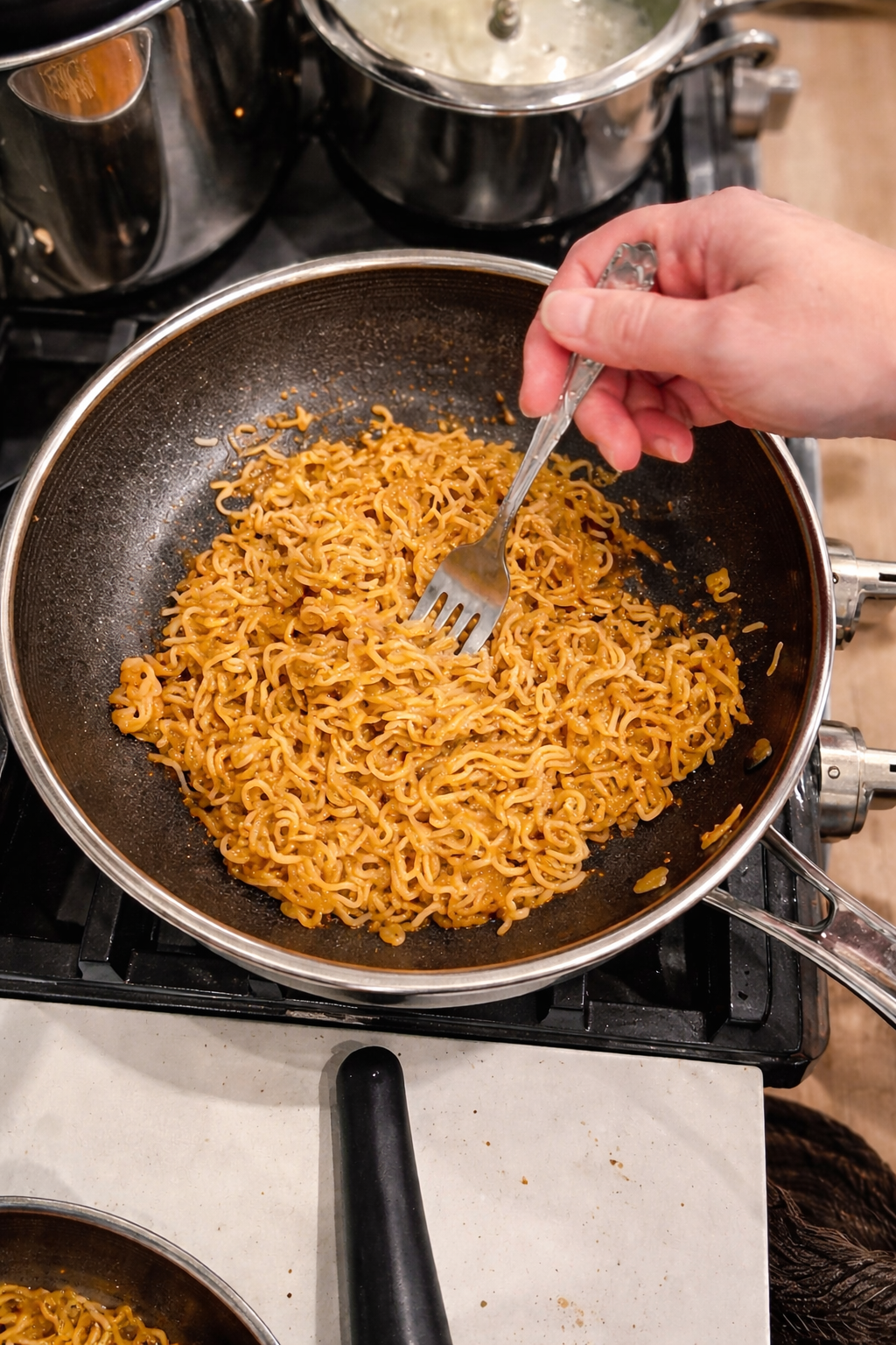 Close-up of creamy peanut butter ramen being stirred with a fork in a nonstick skillet on a stovetop, the glossy sauce coating each golden noodle under warm kitchen lighting.