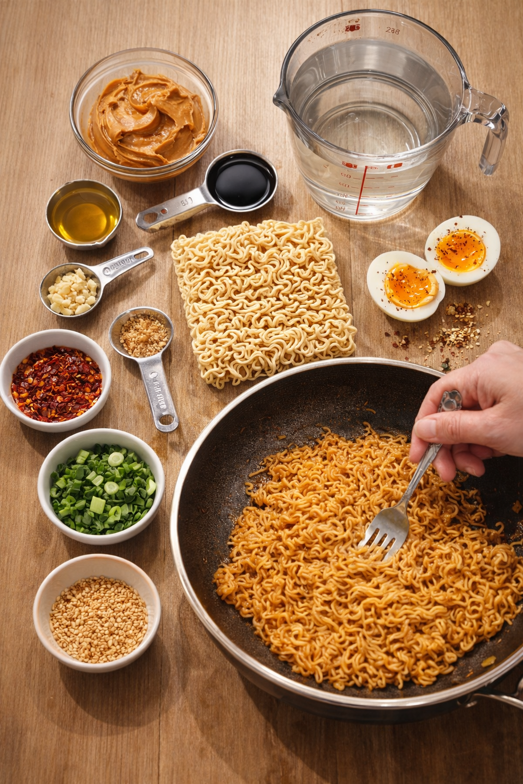 Overhead view of peanut butter ramen ingredients arranged on a wooden surface, including instant noodles, peanut butter, soy sauce, sesame oil, garlic, chili flakes, green onions, sesame seeds, a soft-boiled egg, and a pan of glossy cooked noodles being stirred.