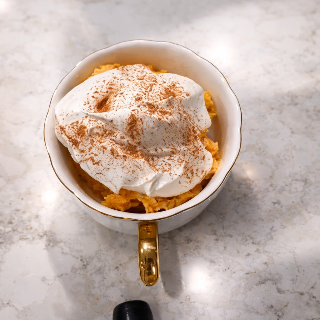 Overhead view of a creamy no-bake pumpkin cheesecake in a white scalloped bowl with a gold handle, topped with fluffy Cool Whip and a dusting of cinnamon, set on a light marble countertop with soft natural lighting.
