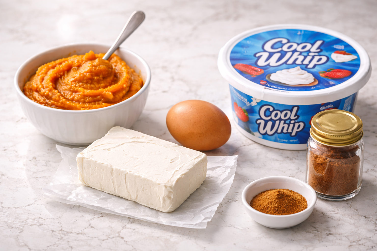 Pumpkin puree in a white bowl with a spoon, a block of cream cheese on parchment paper, a whole brown egg, a container of Cool Whip, and ground cinnamon in a small bowl and glass jar, arranged on a light marble countertop.