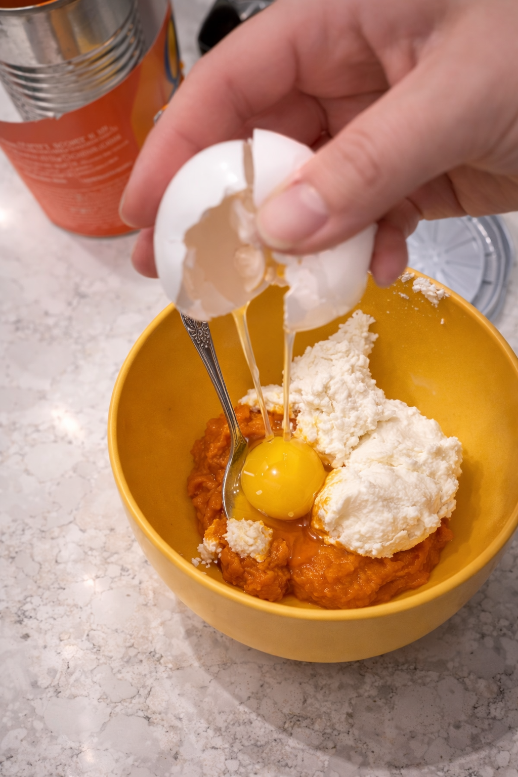Close-up of hands cracking an egg over a yellow mixing bowl filled with pumpkin puree and cream cheese, with the egg yolk and whites falling into the bowl under bright, natural kitchen lighting on a marble countertop.