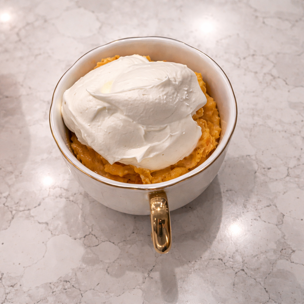 Overhead view of a white porcelain cup with a gold handle filled with creamy pumpkin mixture, topped with a thick, smooth layer of whipped topping, set on a light marble countertop under bright, even lighting.