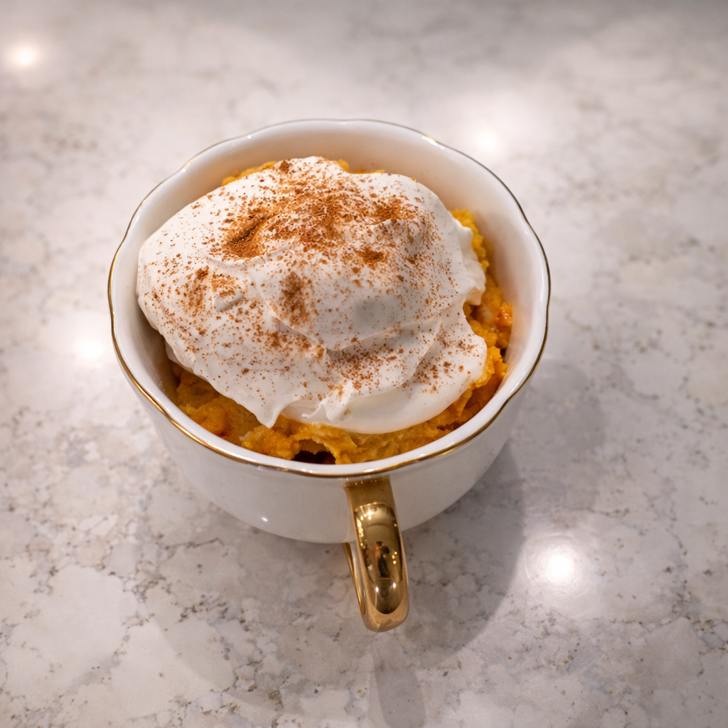 Overhead view of a white porcelain cup with a gold handle filled with creamy pumpkin cheesecake, topped with a fluffy layer of whipped cream and a generous dusting of cinnamon, set on a light marble countertop under soft, bright lighting.