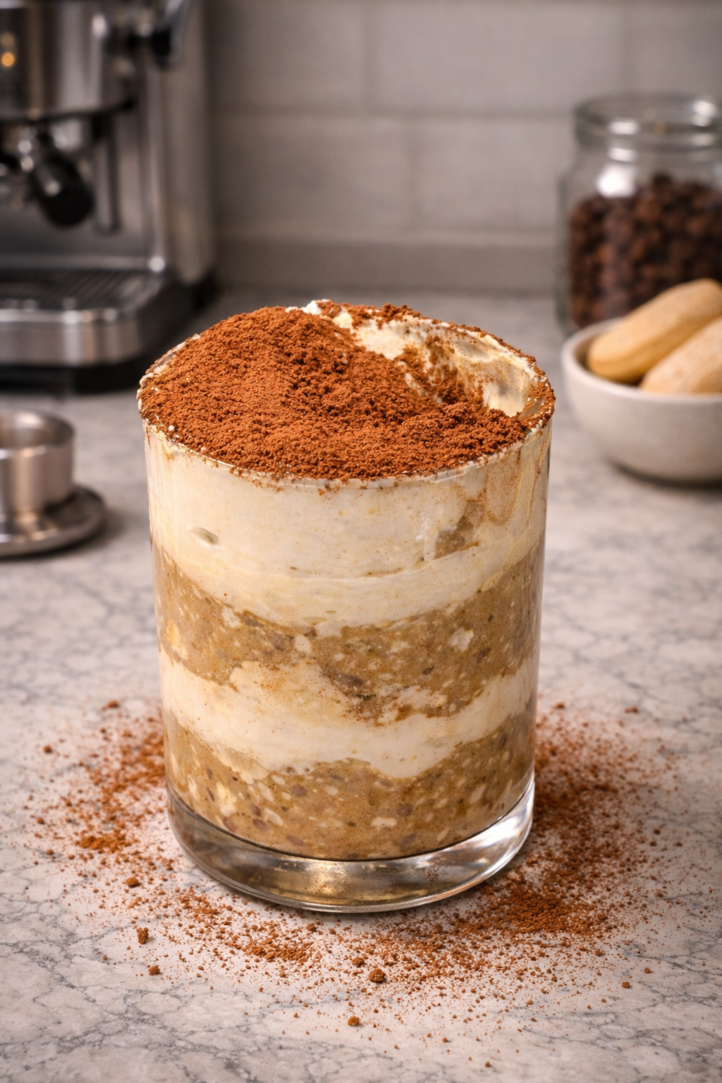Glass cup of tiramisu chia pudding with creamy espresso layers and thick cocoa powder topping on a marble countertop with soft professional lighting.